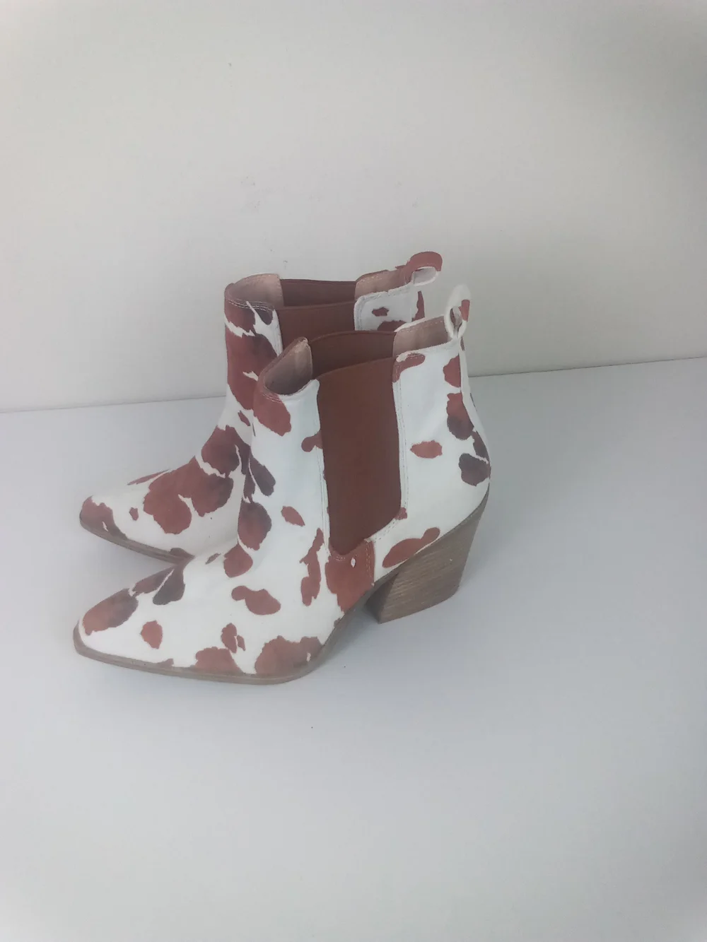 Barn Babe Cow-Print Western Ankle Boots Faux Suede White Brown Cowgirl